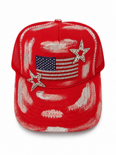Load image into Gallery viewer, Red Patriotic Rhinestone Flag Bling Hat