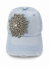 Load image into Gallery viewer, Denim Daisy Rhinestone Bling Hat