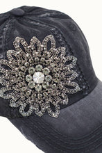 Load image into Gallery viewer, Sunflower Bejeweled Glitz Distressed Cap, Adjsutable: Black
