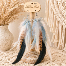 Load image into Gallery viewer, Blue Skies &amp; Rhinestone Bows Feather Earrings

