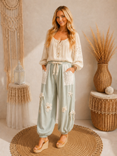 Load image into Gallery viewer, Coastal Cottage Knit Pants with Crochet Appliques
