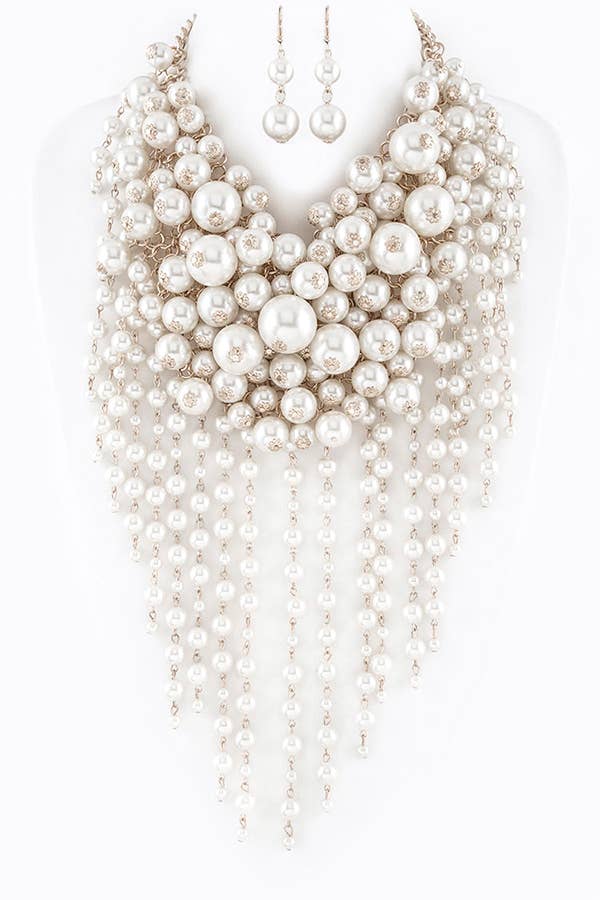 Head Turner Statement Mix Pearl Layer Necklace Set: White