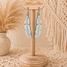 Load image into Gallery viewer, Cyan Whisper Wood Feather Earrings
