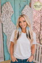 Load image into Gallery viewer, Blue Skies &amp; Rhinestone Bows Feather Earrings

