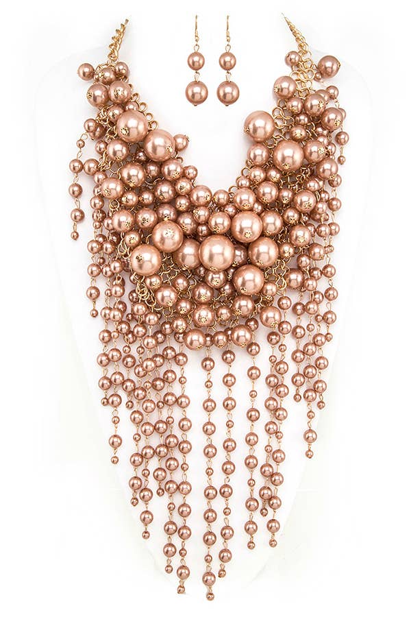 Head Turner Statement Mix Pearl Layer Necklace Set: Champange