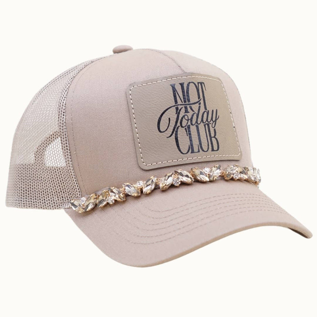 NOT TODAY CLUB Bejeweled Glitz Trucker Cap + Leatherette: Beige