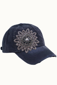 Sunflower Bejeweled Glitz Distressed Cap, Adjsutable: Black