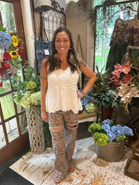 Leopard Print Rhinestone Cutout Jeans